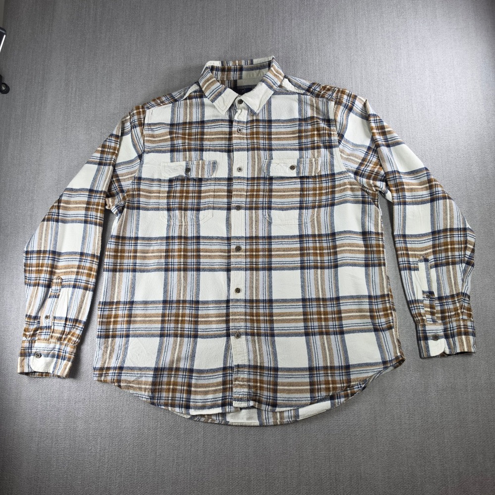 George Plaid Button Down Women XL Cream Brown Blue Cotton Viscose Flannel Shirt